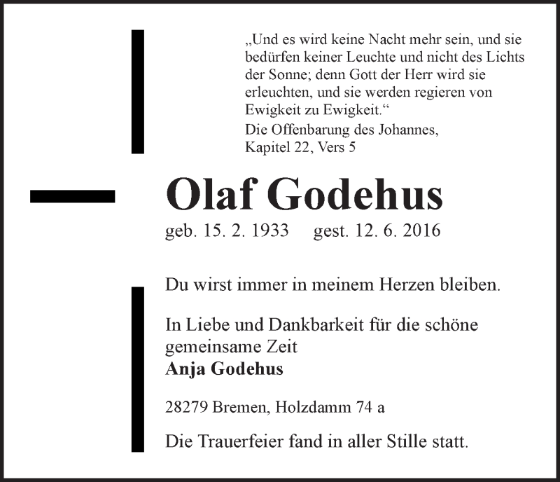  Traueranzeige für Olaf Godehus vom 22.06.2016 aus WESER-KURIER