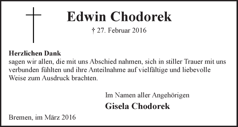 Traueranzeige von Edwin Chodorek von WESER-KURIER
