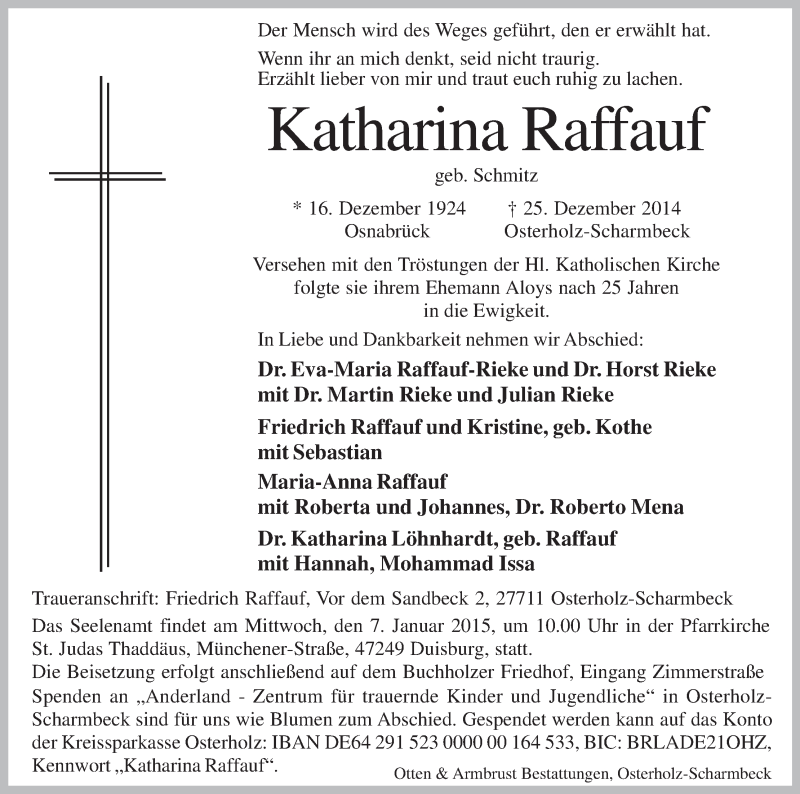 Traueranzeige von Katharina Raffauf von Osterholzer Kreisblatt