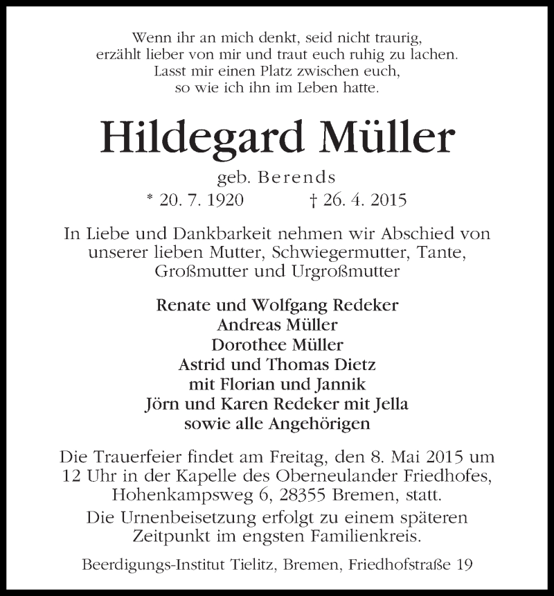 Traueranzeige von Hildegard Müller von WESER-KURIER