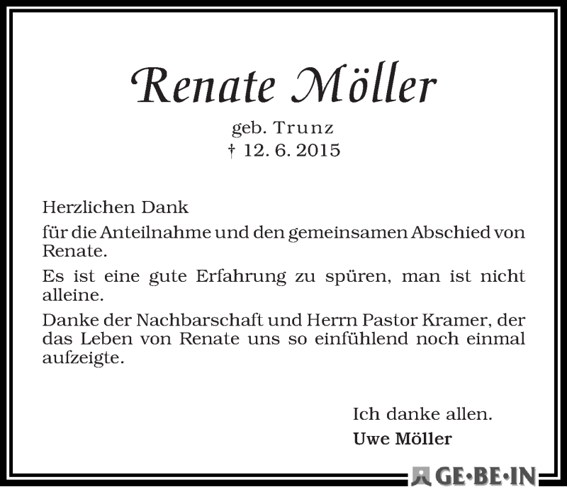 Traueranzeige von Renate Möller von WESER-KURIER