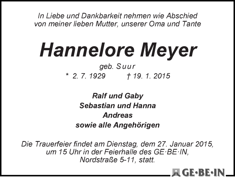 Traueranzeige von Hannelore Meyer von WESER-KURIER