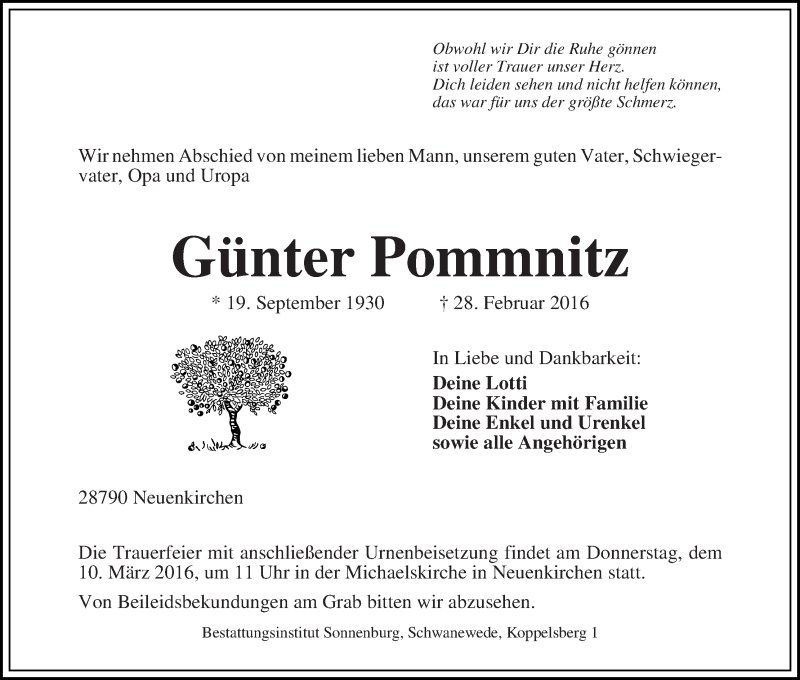 Traueranzeige von Günter Pommnitz von Die Norddeutsche