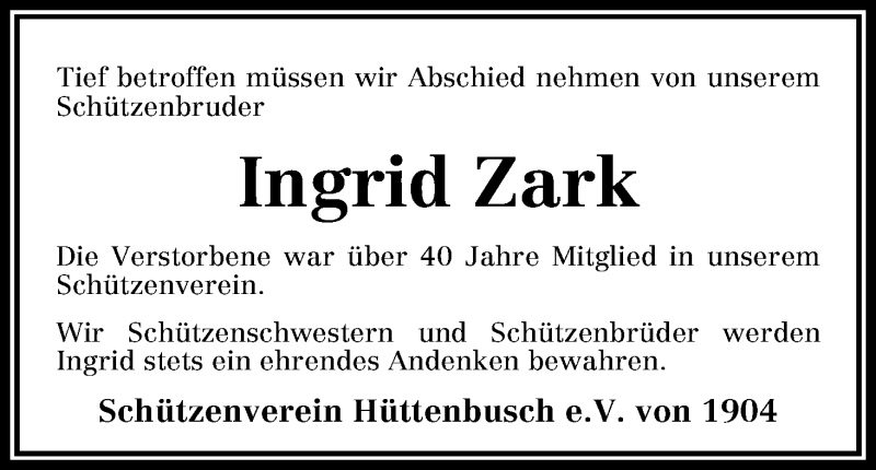 Traueranzeige von Ingrid Zark von Wuemme Zeitung