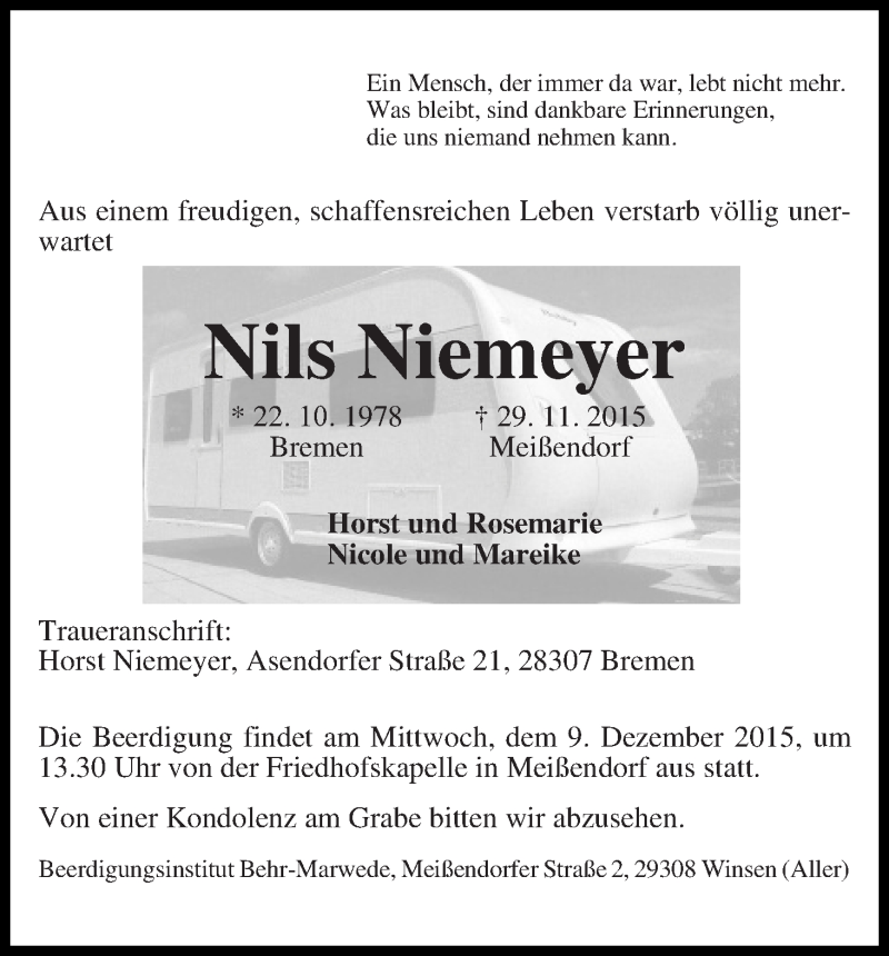  Traueranzeige für Nils Niemeyer vom 08.12.2015 aus WESER-KURIER