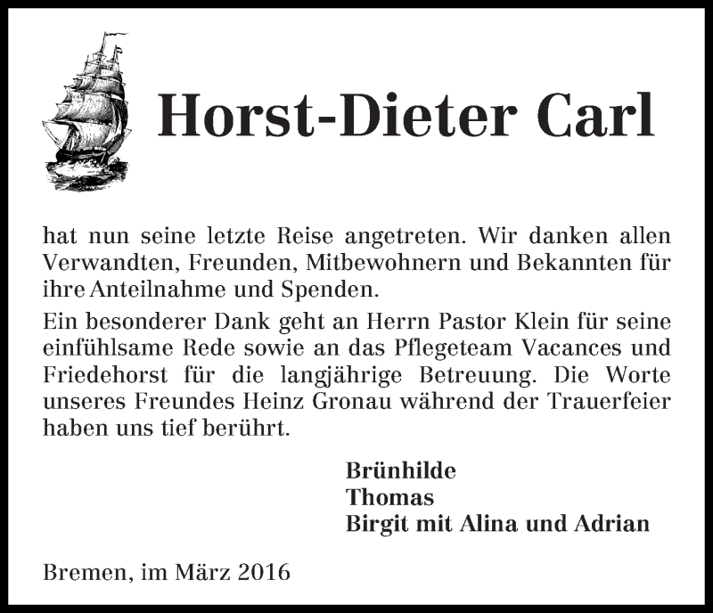 Traueranzeige von Horst-Dieter Carl von Die Norddeutsche