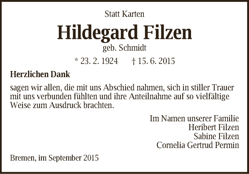 Traueranzeige von Hildegard Filzen von WESER-KURIER