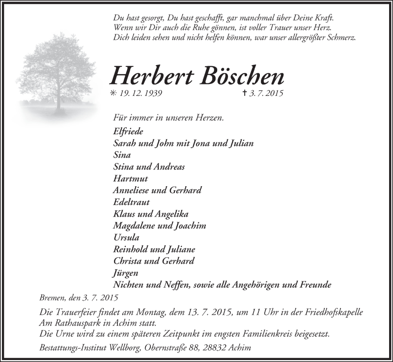  Traueranzeige für Herbert Böschen vom 08.07.2015 aus WESER-KURIER