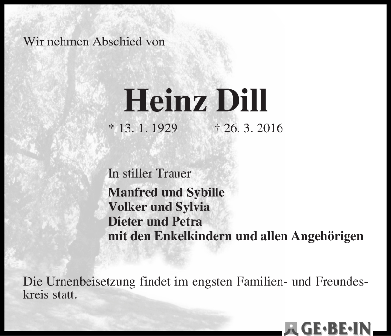 Traueranzeige von Heinz Dill von WESER-KURIER