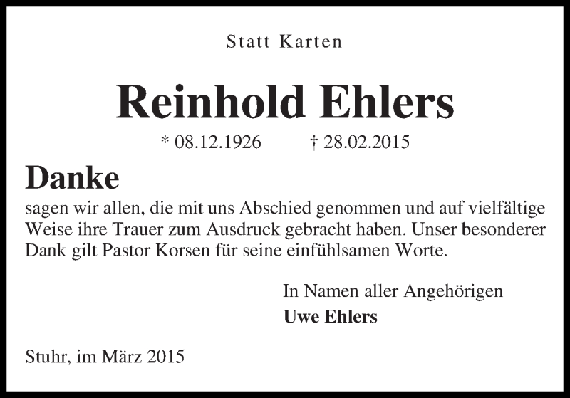 Traueranzeige von Reinhold Ehlers von WESER-KURIER