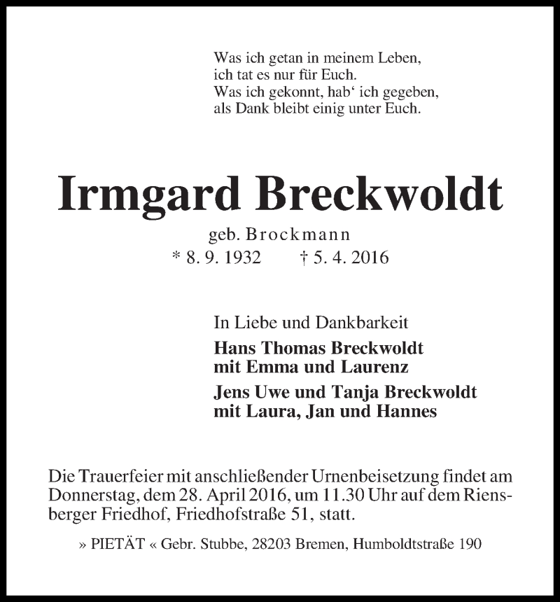 Traueranzeige von Irmgard Breckwoldt von WESER-KURIER