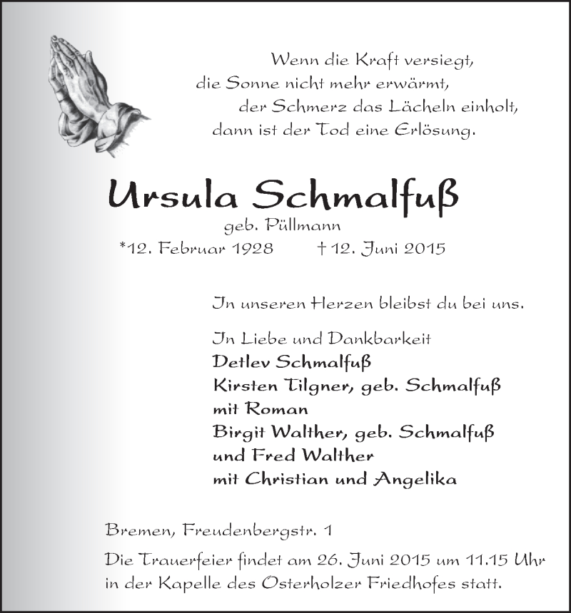 Traueranzeige von Ursula Schmalfuß von WESER-KURIER