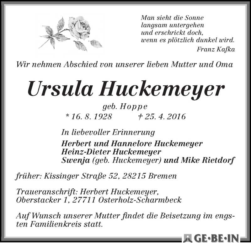 Traueranzeige von Ursula Huckemeyer von WESER-KURIER