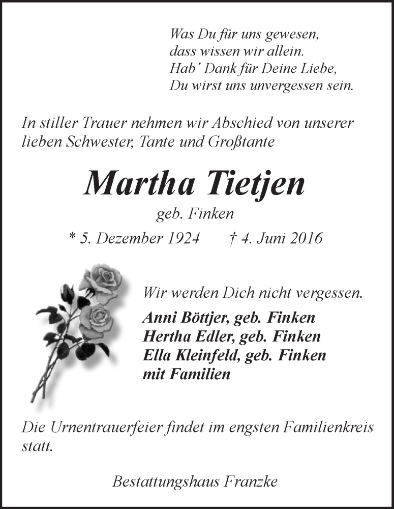 Traueranzeige von Martha Tietjen von WESER-KURIER
