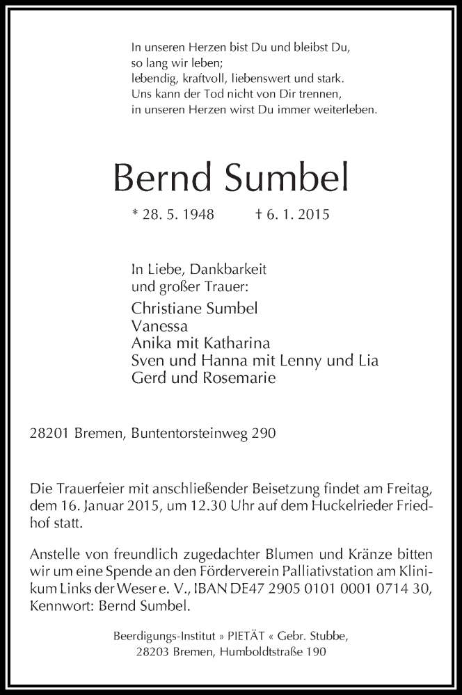  Traueranzeige für Bernd Sumbel vom 10.01.2015 aus WESER-KURIER