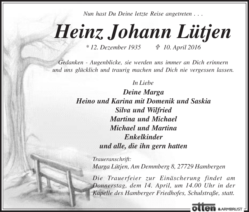 Traueranzeige von Heinz Johann Lütjen von Osterholzer Kreisblatt