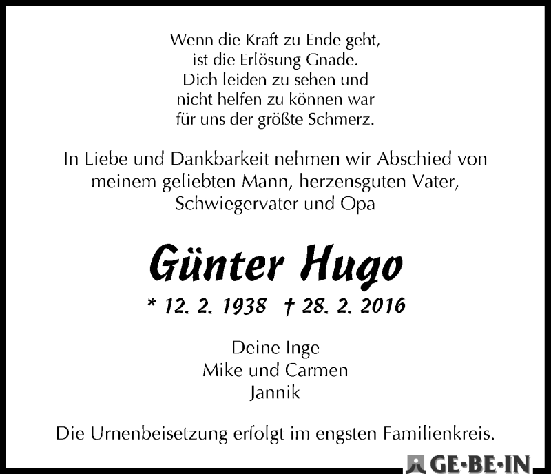 Traueranzeige von Günter Hugo von WESER-KURIER
