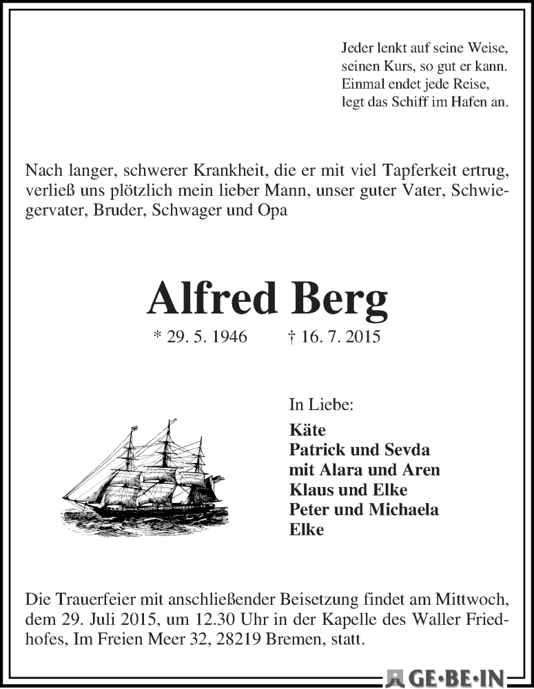 Traueranzeige von Alfred Berg von WESER-KURIER