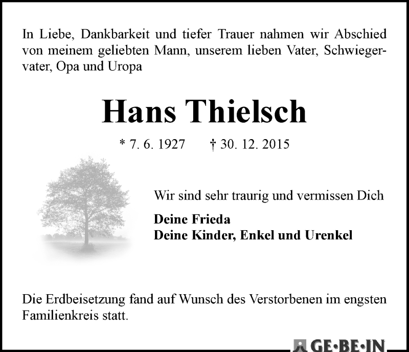 Traueranzeige von Hans Thielsch von WESER-KURIER