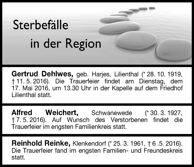 Traueranzeige von Sterbefälle in der Region von Osterholzer Kreisblatt