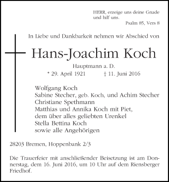 Traueranzeige von Hans-Joachim Koch