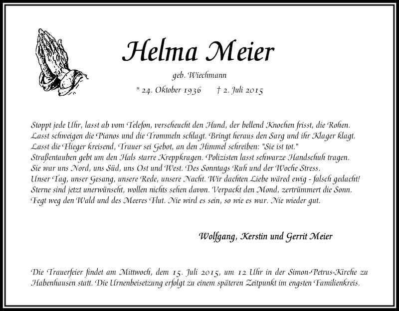 Traueranzeige von Helma Meier von WESER-KURIER