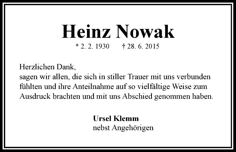 Traueranzeige von Heinz Nowak von WESER-KURIER
