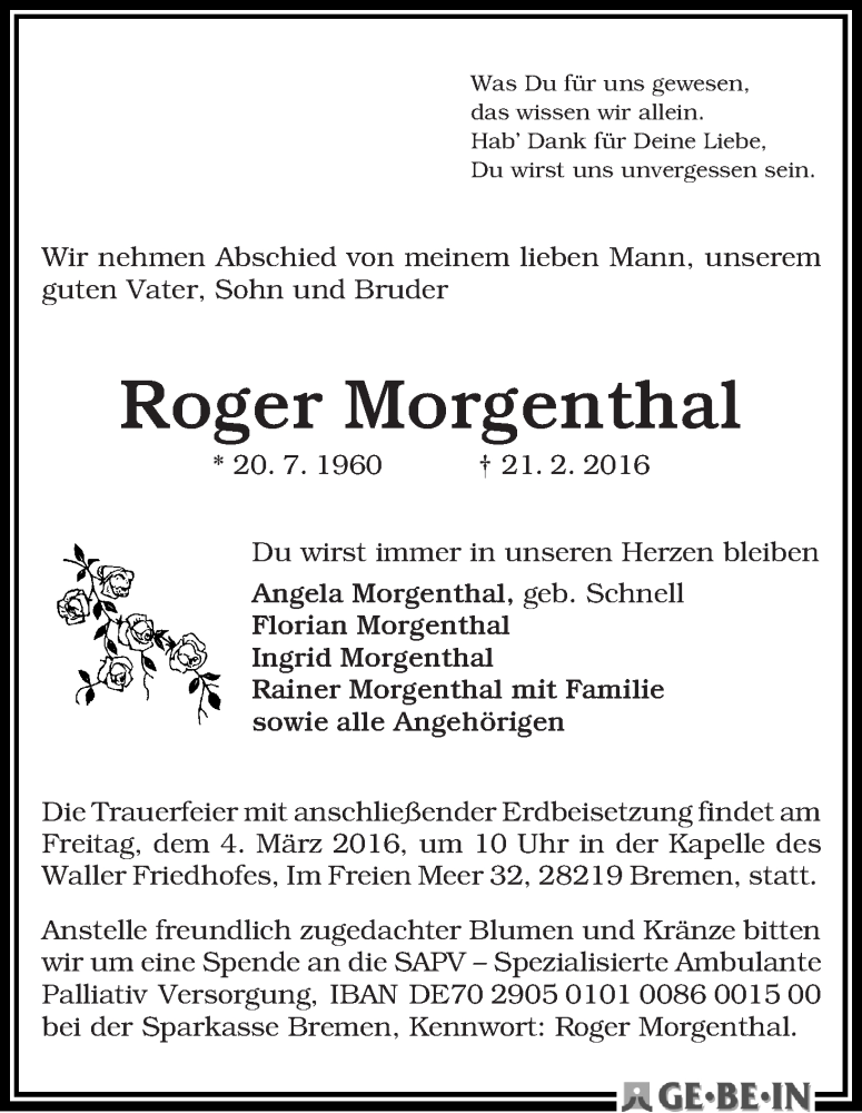 Traueranzeige von Roger Morgenthal von WESER-KURIER