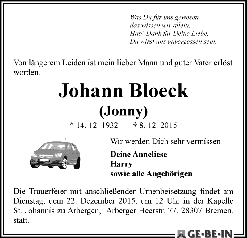 Traueranzeige von Johann Bloeck von WESER-KURIER