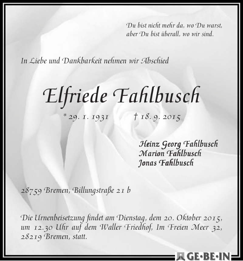 Traueranzeige von Elfriede Fahlbusch von WESER-KURIER