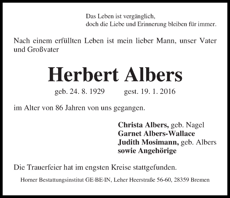 Traueranzeige von Herbert Albers von WESER-KURIER