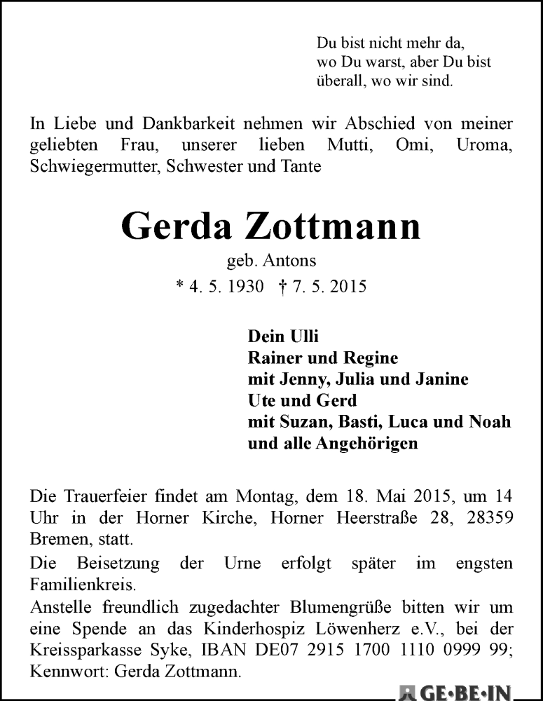  Traueranzeige für Gerda Zottmann vom 13.05.2015 aus WESER-KURIER