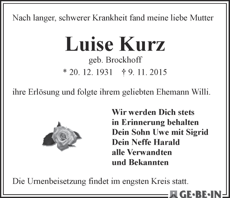 Traueranzeige von Luise Kurz von WESER-KURIER