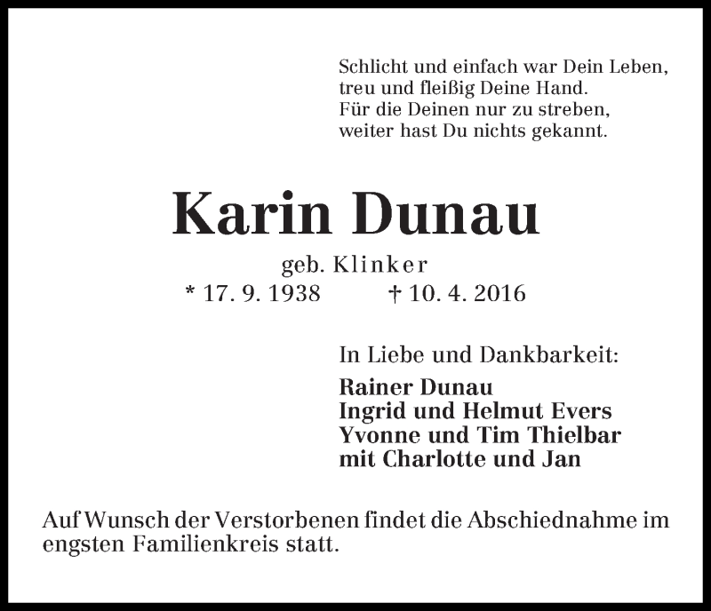 Traueranzeige von Karin Dunau von WESER-KURIER