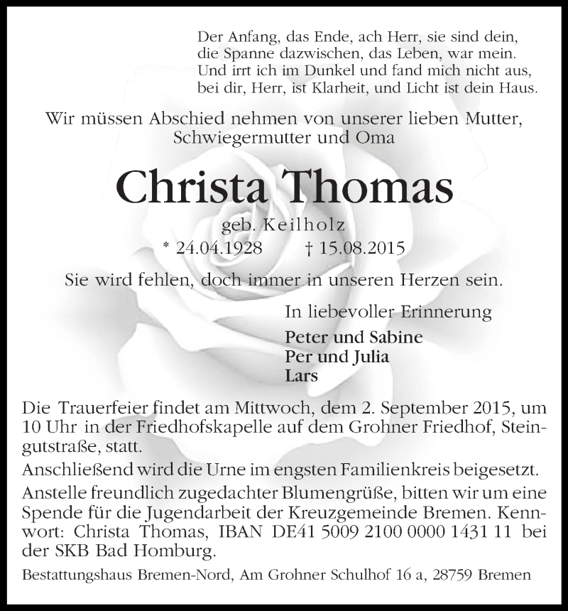  Traueranzeige für Christa Thomas vom 29.08.2015 aus WESER-KURIER