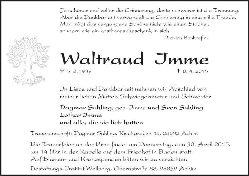 Traueranzeige von Waltraud Imme von Achimer Kurier/Verdener Nachrichten