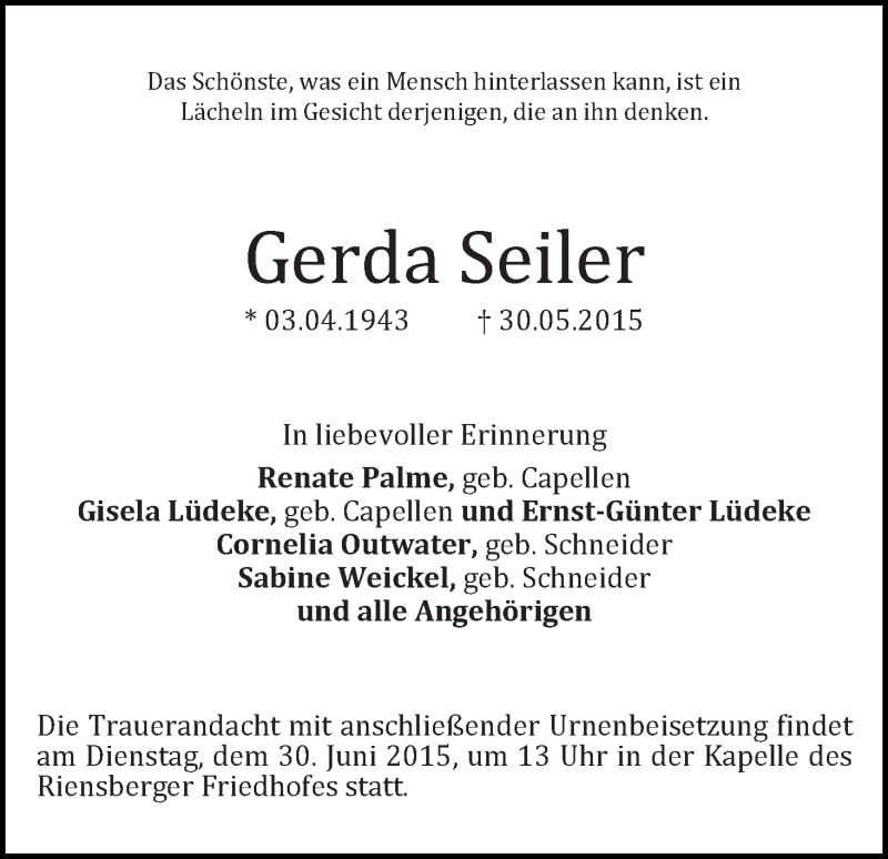 Traueranzeige von Gerda Seiler von WESER-KURIER