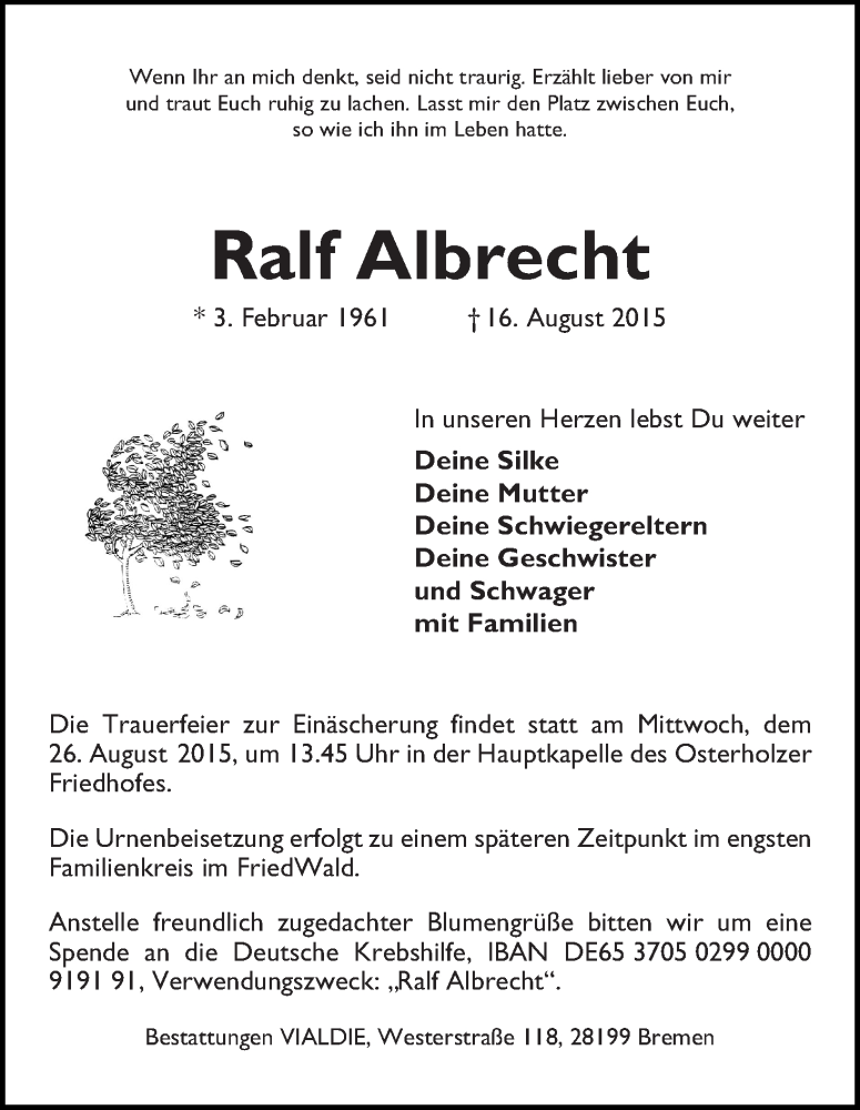  Traueranzeige für Ralf Albrecht vom 22.08.2015 aus WESER-KURIER