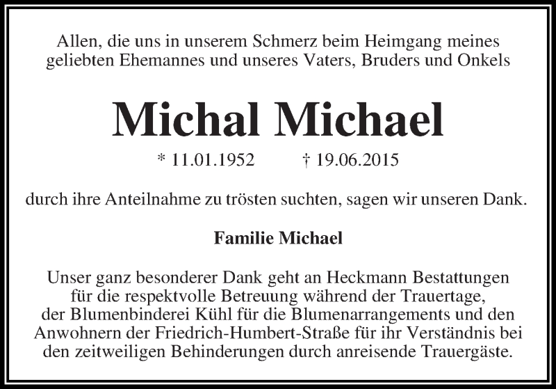 Traueranzeige von Michal Michael von Die Norddeutsche