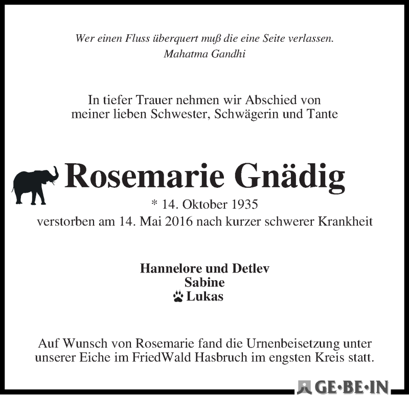 Traueranzeige von Rosemarie Gnädig von WESER-KURIER