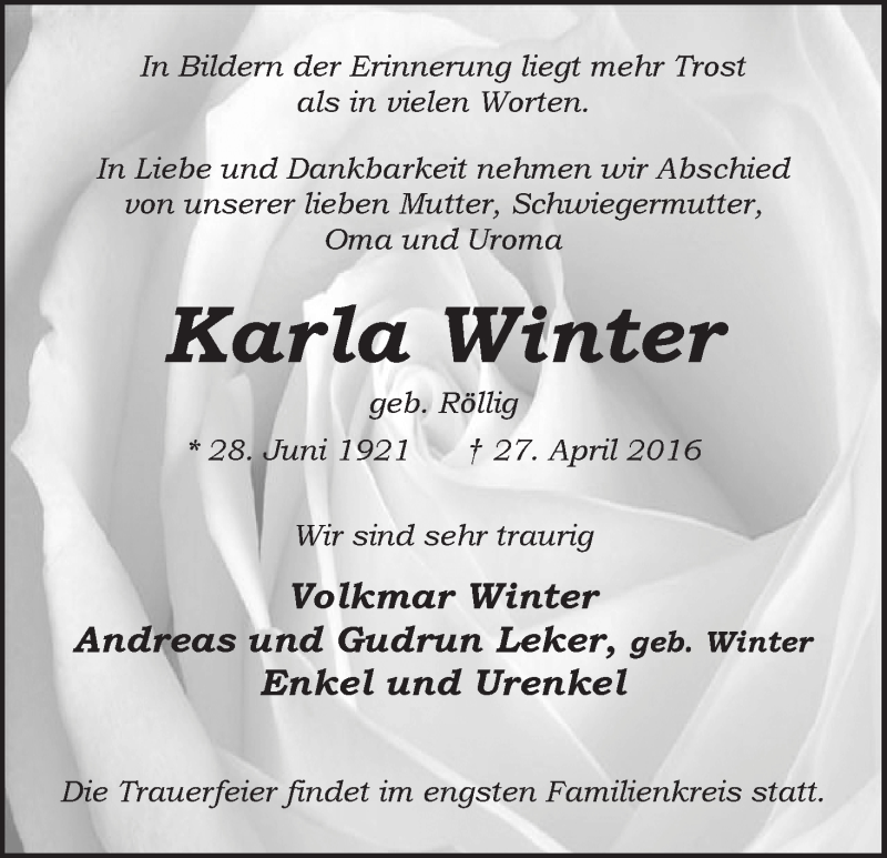 Traueranzeige von Karla Winter von Wuemme Zeitung
