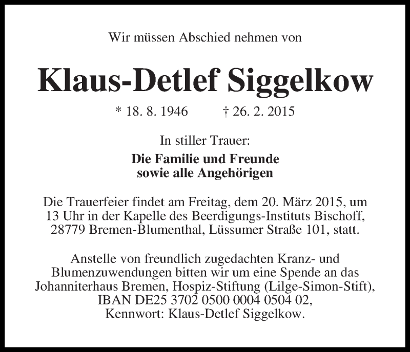 Traueranzeige von Klaus-Detlef Siggelkow von Die Norddeutsche