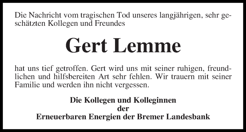  Traueranzeige für Gert Lemme vom 20.06.2015 aus WESER-KURIER