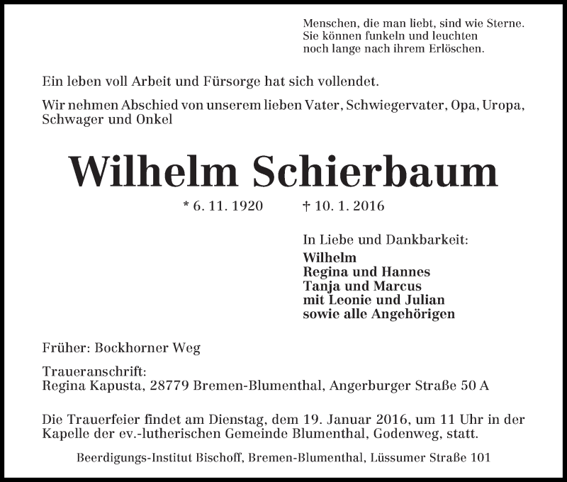 Traueranzeige von Wilhelm Schierbaum von Die Norddeutsche