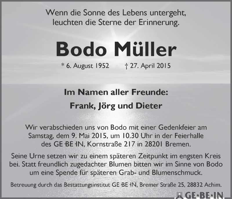  Traueranzeige für Bodo Müller vom 02.05.2015 aus WESER-KURIER