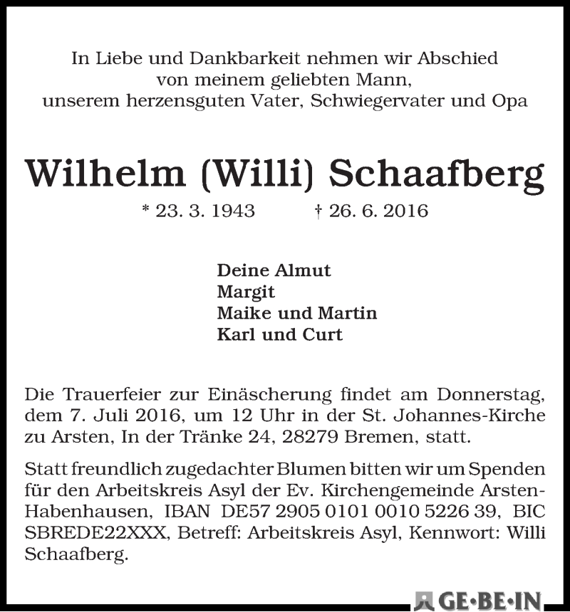 Traueranzeige von Wilhelm Schaafberg von WESER-KURIER