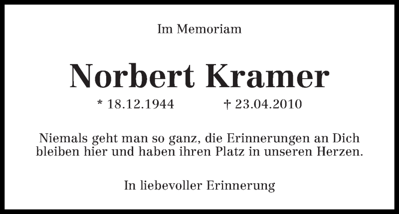  Traueranzeige für Norbert Kramer vom 23.04.2016 aus WESER-KURIER