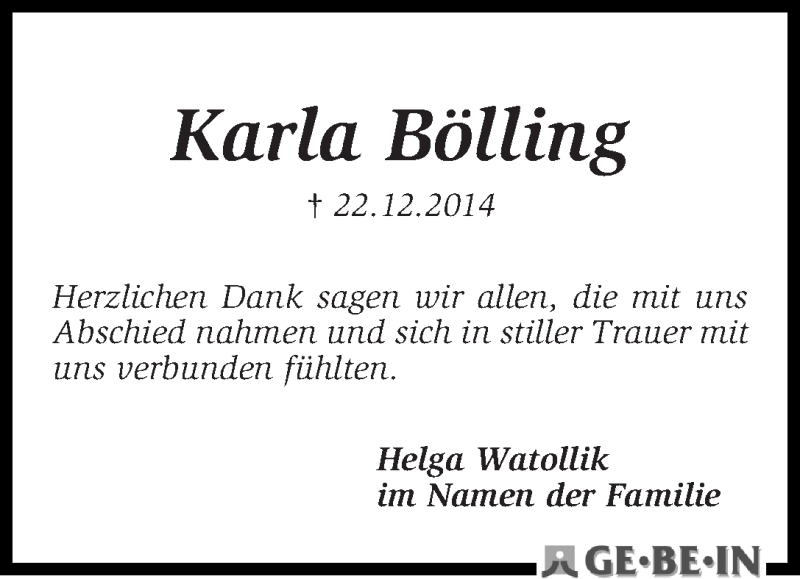 Traueranzeige von Karla Bölling von WESER-KURIER