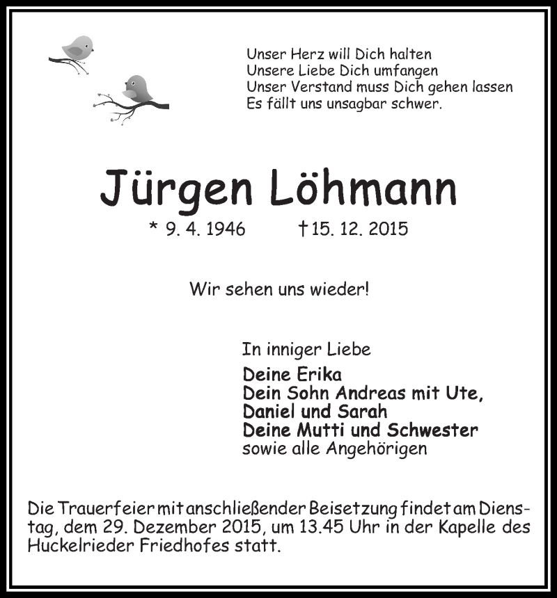 Traueranzeige von Jürgen Löhmann von WESER-KURIER