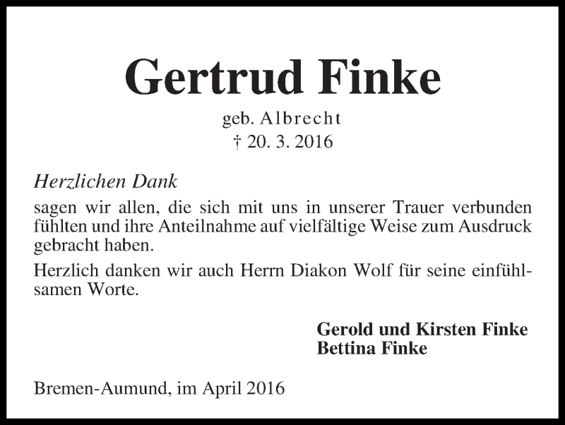 Traueranzeige von Gertrud Finke von Die Norddeutsche